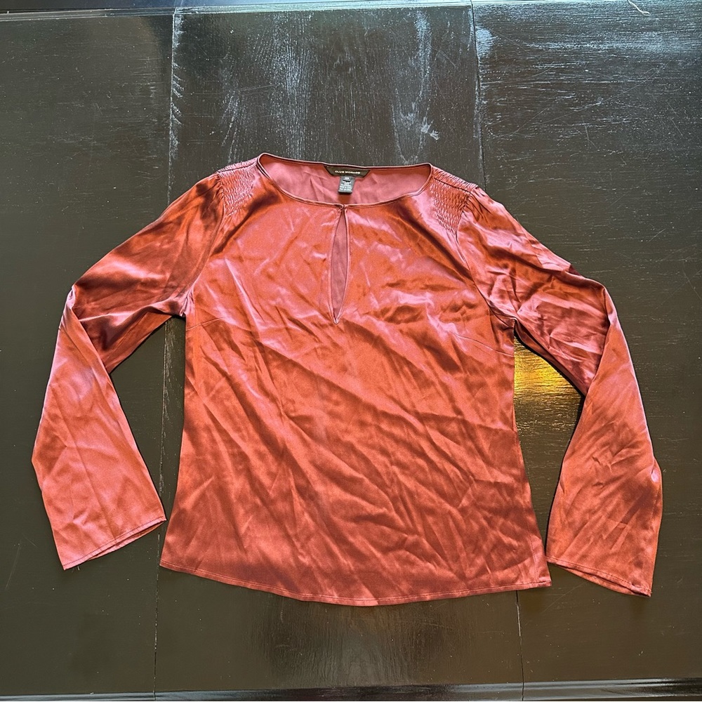 Club Monaco Medium Dusty Brown Maroon Brown Wide Arm Retro Silk Long Sleeve